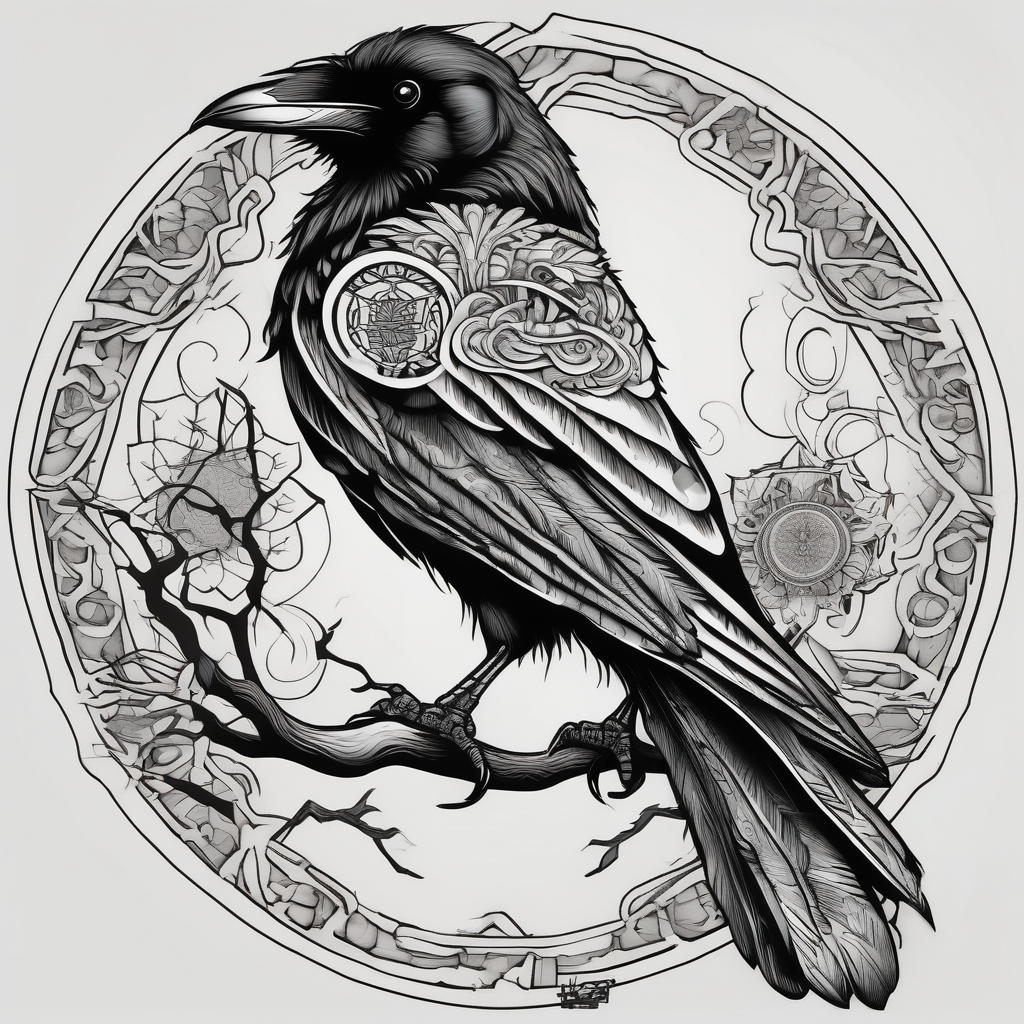 laeft arm tattoo of a raven on a branch surrounded by mandala floral sleeve tattoo, design de tatouage Japonais généré par IA
